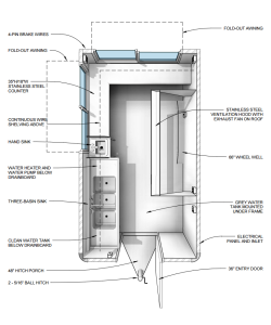 14-foot double-axle mobile kitchen floor plan.